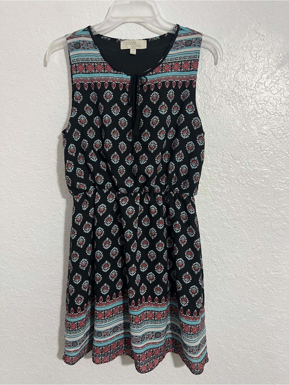 Olive & Oak Midi Dress Womens Size PM Black Floral Sleeveless Elastic Waist #652